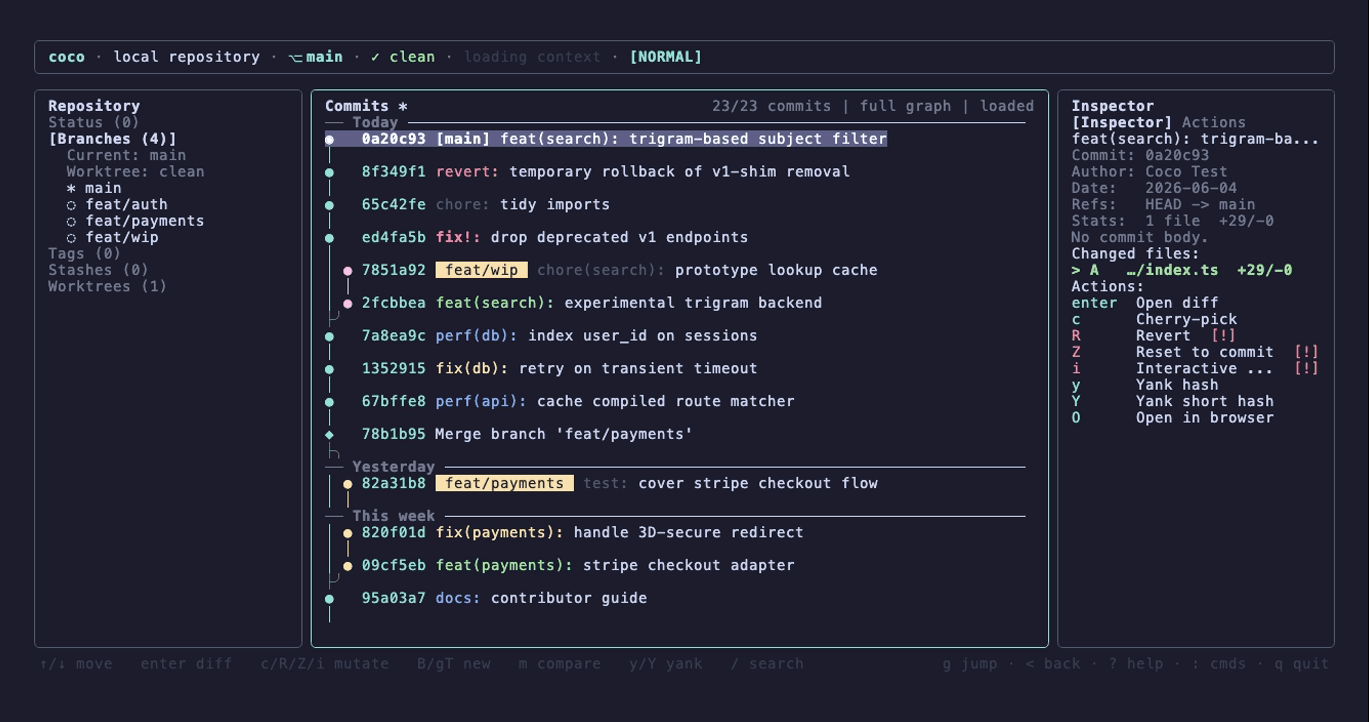 coco workstation — history view with commit graph and inspector