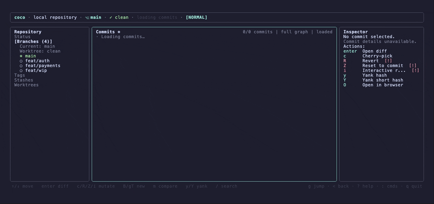 coco ui booting up — the workstation loads a repo's history, branches and diffs the moment you launch it