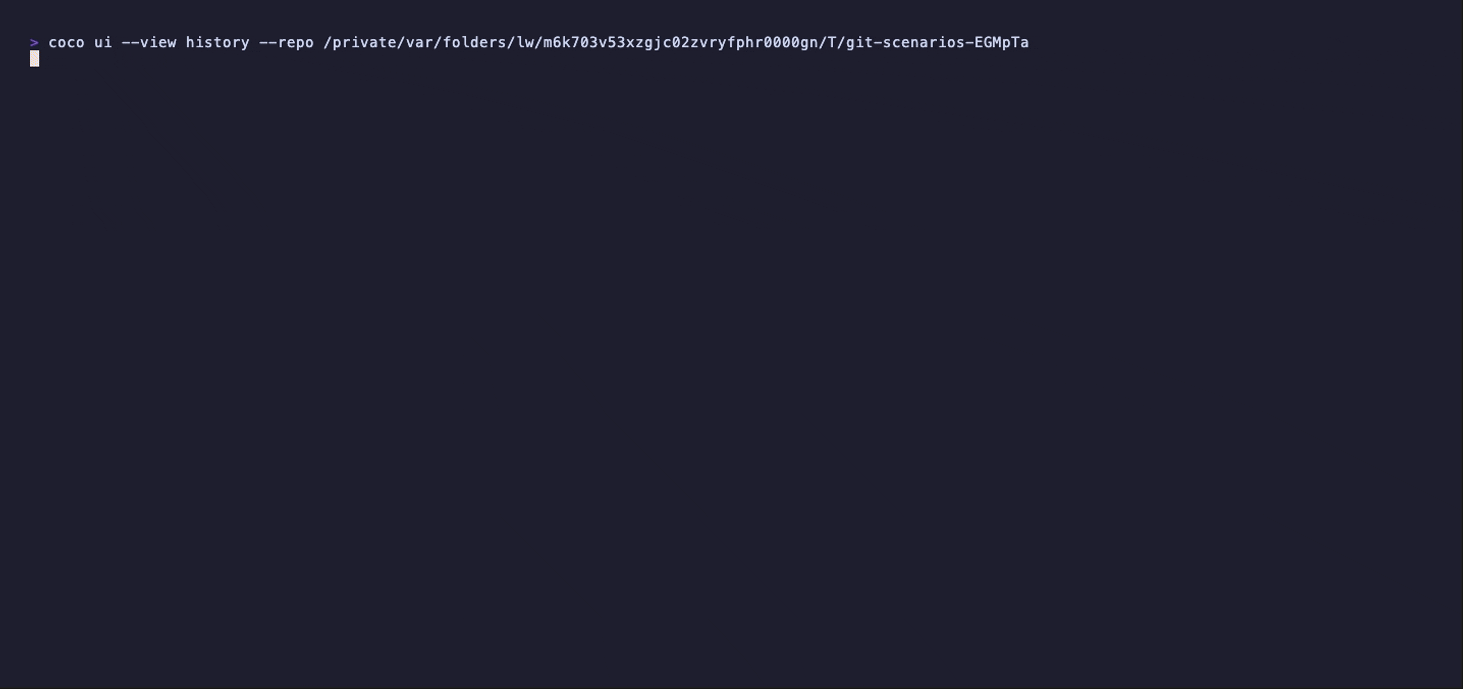 coco ui booting up — the workstation loads a repo's history, branches and diffs the moment you launch it