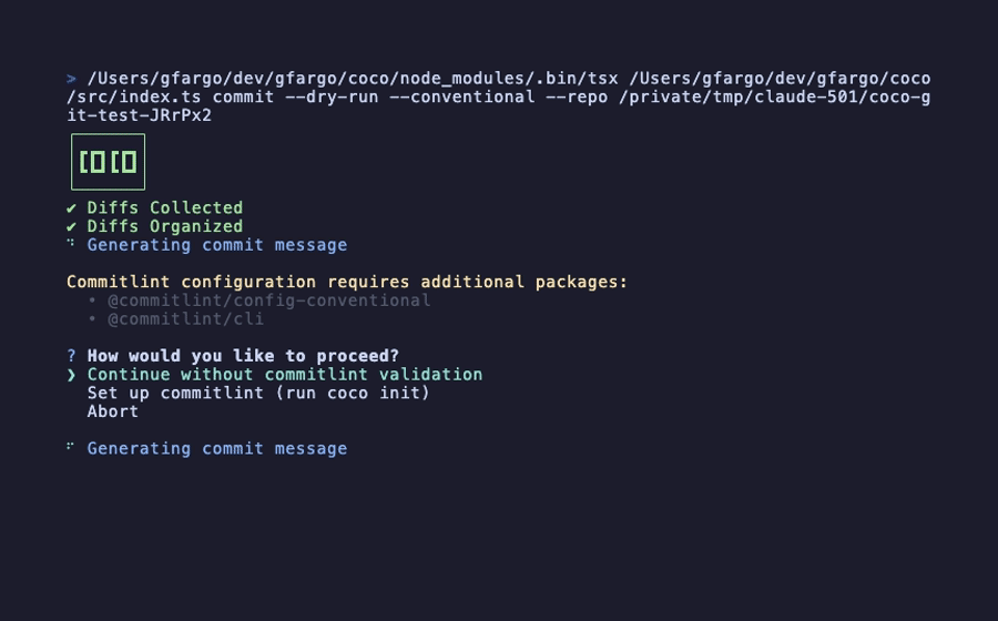 coco commit — AI drafting a Conventional Commit message