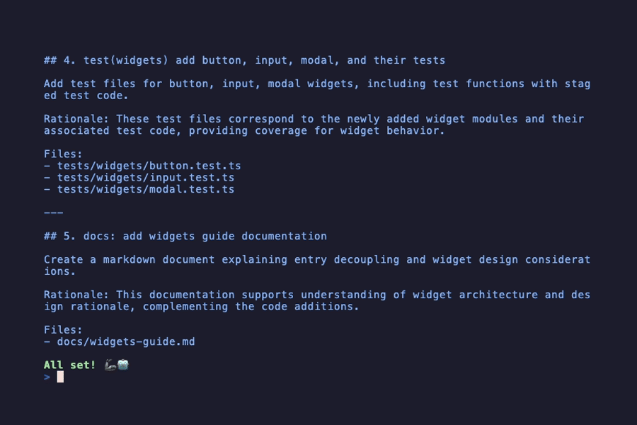 coco commit --split — an AI-planned multi-commit split