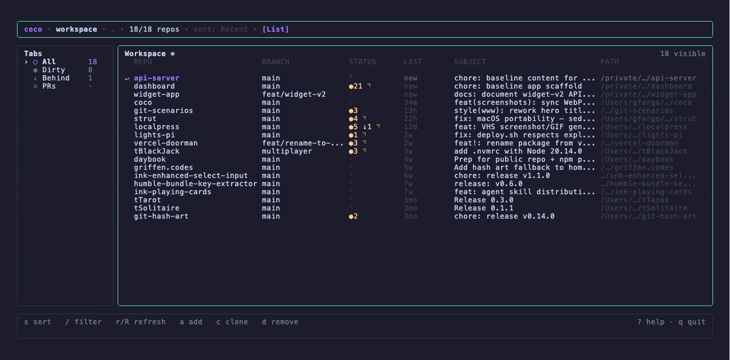 Workspace tour — browsing the multi-repo overview, then driving into a repo's history
