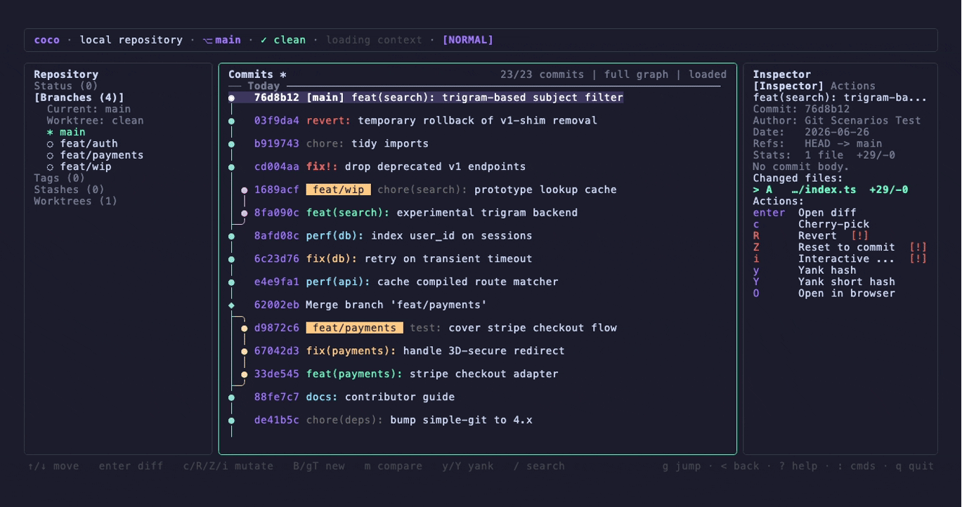 coco ui — switching between history, status, branches, and diff views via chord navigation