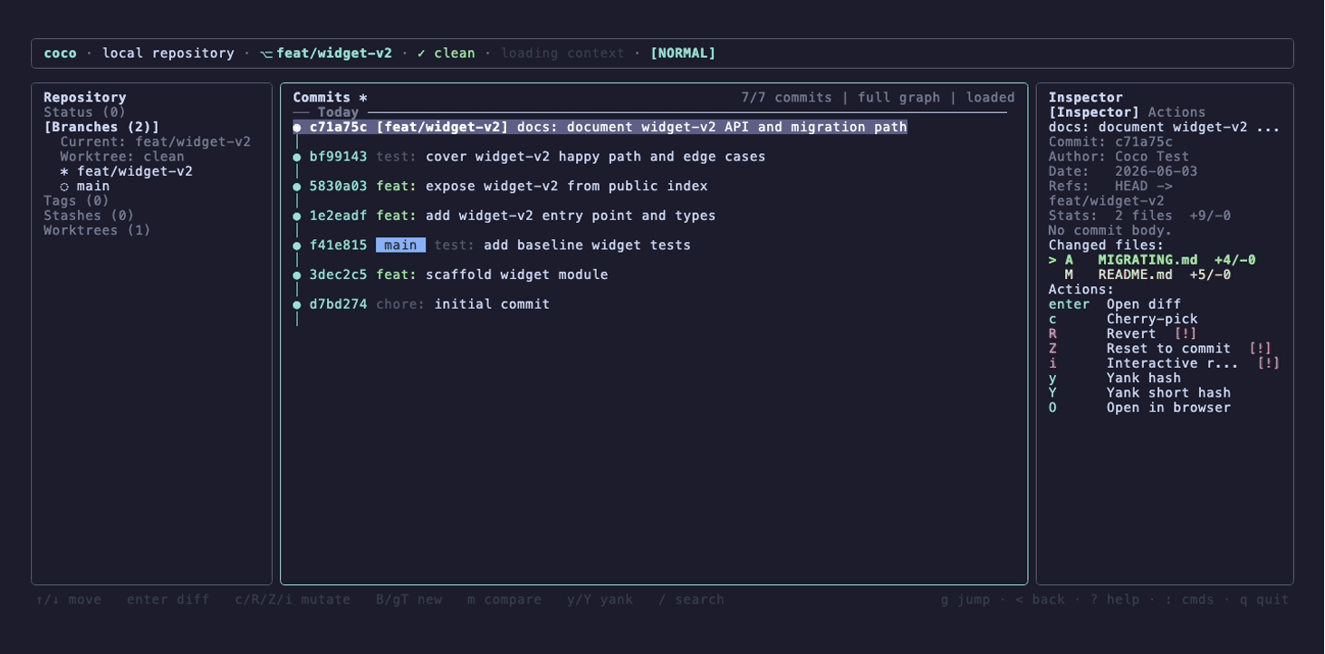 Using the workstation — history, a syntax-highlighted diff, status, branches, and the help overlay