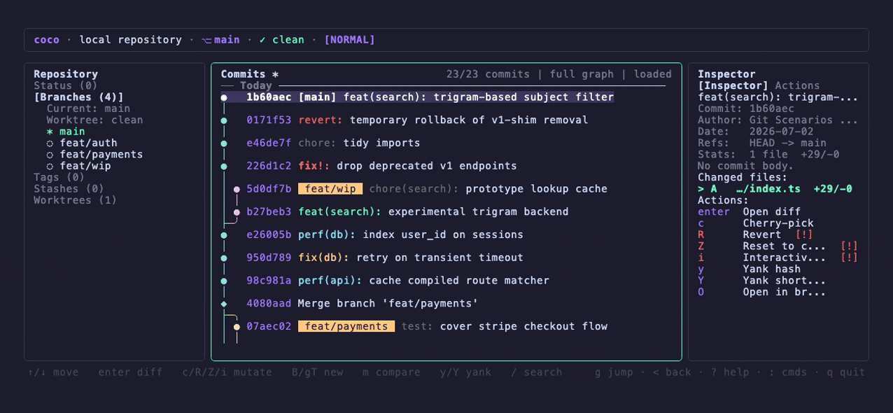 coco ui — browsing history, opening diffs, and chord-switching views